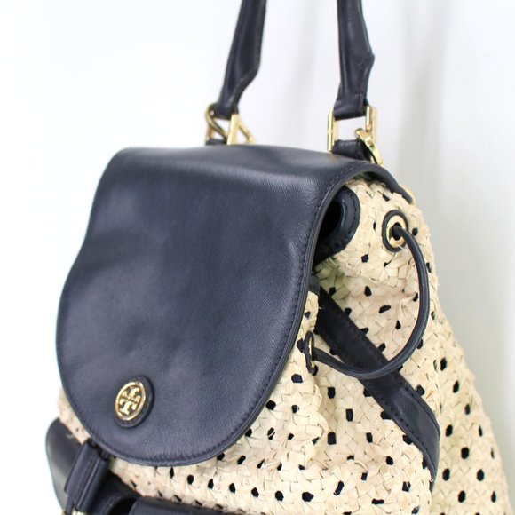 Tory Burch Navy Piper Backpack Woven Blue White Saffiano Leather - Picture 3 of 9